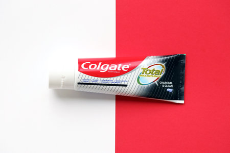 TERNOPIL, UKRAINE - JUNE 23, 2022: Colgate toothpaste, a brand of oral hygiene products manufactured by American consumer-goods company Colgate-Palmolive headquartered on NYCのeditorial素材