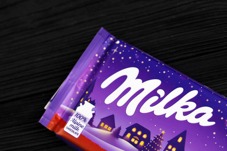 KHARKIV, UKRAINE - JANUARY 27, 2021: Milka spekulaas gingerbread chocolate bar. Milka is a Swiss...