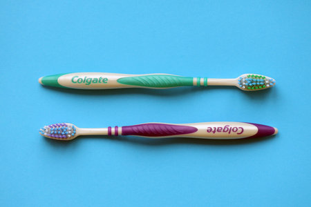 TERNOPIL, UKRAINE - JUNE 23, 2022: Colgate toothbrushes, a brand of oral hygiene products manufactured by American consumer-goods company Colgate-Palmolive headquartered on NYCのeditorial素材