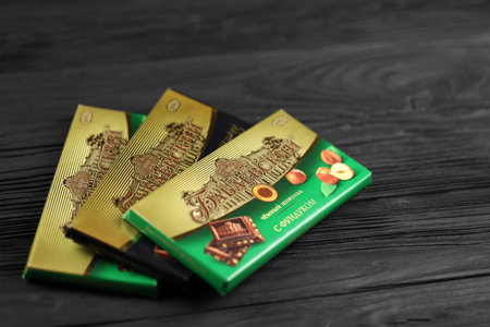 KHARKIV, UKRAINE - JANUARY 27, 2021: Babayevskiy chocolate square bars - product from Babayevskiy chocolate factory. old russian traditional chocolate designのeditorial素材