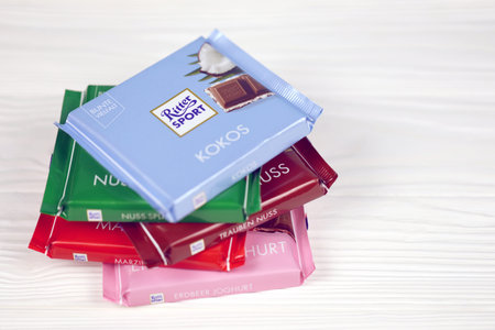 KHARKIV, UKRAINE - DECEMBER 8, 2020: Ritter Sport chocolate product. Ritter Sport company was founded in 1912 in Stuttgart-Bad Cannstatt, Germanyのeditorial素材