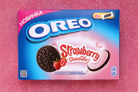 TERNOPIL, UKRAINE - MAY 28, 2022: Oreo strawberry cheesecake crispy cookie box. The brand Oreo is...