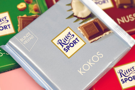 KHARKIV, UKRAINE - DECEMBER 8, 2020: Ritter Sport chocolate product. Ritter Sport company was founded in 1912 in Stuttgart-Bad Cannstatt, Germanyのeditorial素材