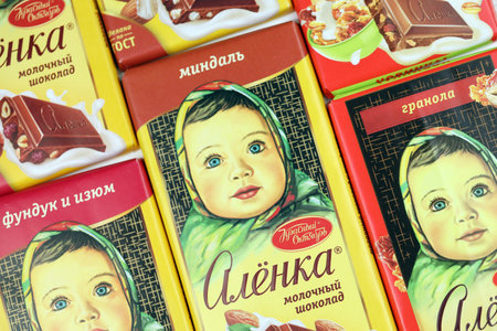 KHARKIV, UKRAINE - JANUARY 27, 2021: Alyonka chocolate square bars - product from Red October chocolate factory. old russian traditional chocolate designのeditorial素材