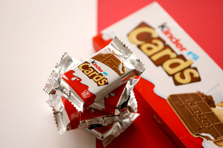 TERNOPIL, UKRAINE - JUNY 3, 2022: Kinder Chocolate Cards product pack. Kinder is a confectionery...
