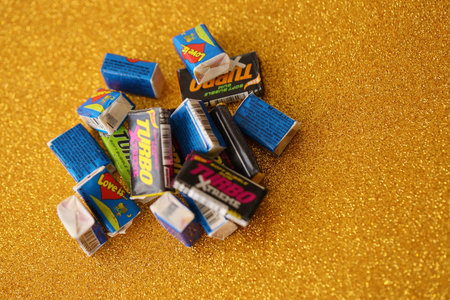 TERNOPIL, UKRAINE - MAY 28, 2022: Turkish retro chewing gums Turbo extreme and Love is with nostalgic design from 80s timesのeditorial素材