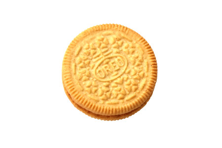 TERNOPIL, UKRAINE - MAY 28, 2022: Oreo golden crispy cookie on white background. The brand Oreo is owned by american company Mondelez internationalのeditorial素材