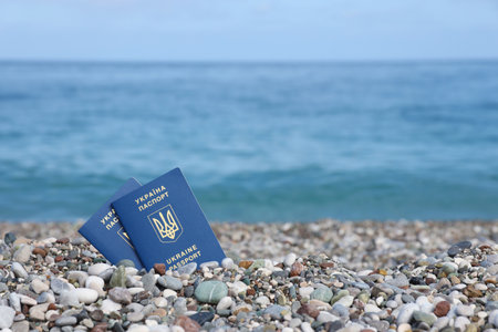 New biometric Ukrainian passport let you travel to European resort countries of European Union without visas. Visa free electronic id document. Ukrainians get new international passportsの写真素材