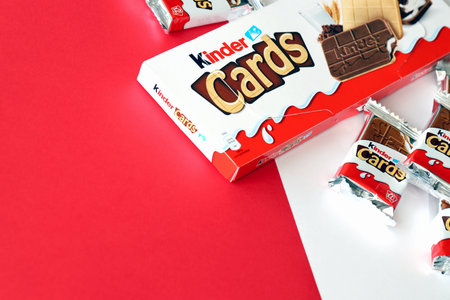 TERNOPIL, UKRAINE - JUNY 3, 2022: Kinder Chocolate Cards product pack. Kinder is a confectionery...