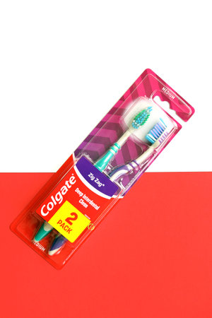 TERNOPIL, UKRAINE - JUNE 23, 2022: Colgate toothbrushes, a brand of oral hygiene products manufactured by American consumer-goods company Colgate-Palmolive headquartered on NYCのeditorial素材