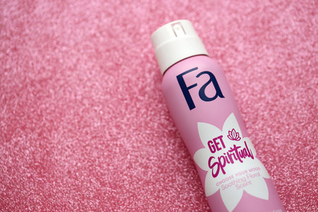 TERNOPIL, UKRAINE - SEPTEMBER 2, 2022 Bottle of Fa Get Spiritual on glitter pink backgroundのeditorial素材