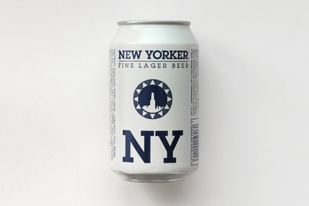 TERNOPIL, UKRAINE - JULY 18, 2022 Can of New Yorker fine lager beer with original logo and design on...