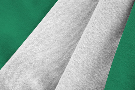 Nigeria flag with big folds waving close up under the studio light indoors. The official symbols and colors in fabric bannerの写真素材