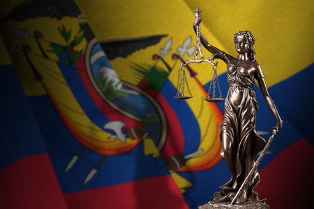 Ecuador flag with statue of lady justice and judicial scales in dark room. Concept of judgement and punishment, background for jury topicsの写真素材