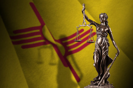 New Mexico US state flag with statue of lady justice and judicial scales in dark room. Concept of judgement and punishment, background for jury topicsの写真素材