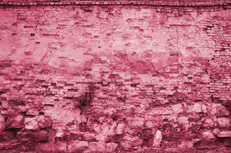 Very old damaged red brick wall with boneless bricks and cement mortar Image toned in Viva Magenta, color of the 2023 yearの写真素材