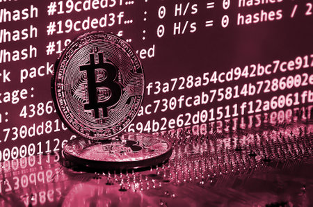 The digital process of cryptocurrency mining by using the GPUs. Bitcoins and video card on a working...