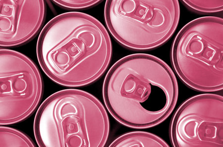 Many cans of soda soft drink, lemonade, cola, beer or energy drink containers. A lot of recycled...