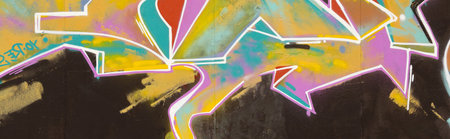 Colorful background of graffiti painting artwork with bright aerosol strips on metal wall. Old...