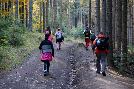 CARPATHIAN MOUNTAINS, UKRAINE - OCTOBER 8, 2022 Mount Hoverla. Carpathians in Ukraine in autumn. Tourists walks through hills and woods to climbing to the top of the Hoverla mountainのeditorial素材