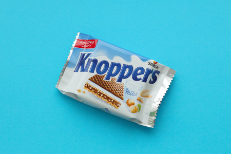 KYIV, UKRAINE - MAY 4, 2022 Packshot of Knoppers crispy waffle sandwiches product manufactured by...