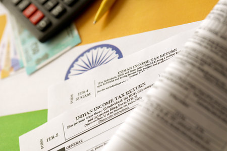 KYIV, UKRAINE - MAY 4, 2022 Indian income tax return blank form with pen and indian rupees bills on indian country flag close up. Annual tax report conceptのeditorial素材