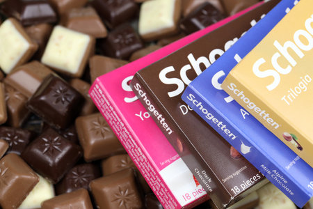 KYIV, UKRAINE - MAY 4, 2022 Schogetten chocolate. Chocolate goods produced by Ludwig Schokolade GmbH and Co. KG one of Europes most successful confectionery suppliersのeditorial素材