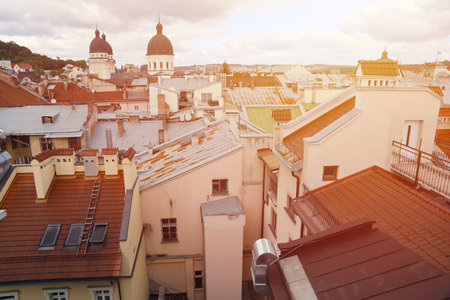 View of the roofs of historical Old city of Lviv in Ukraine. Church towers and many rusty shingled...