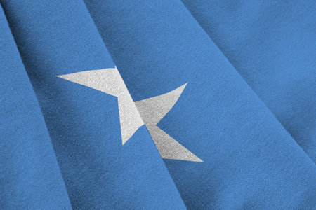 Somalia flag with big folds waving close up under the studio light indoors. The official symbols and colors in fabric bannerの写真素材