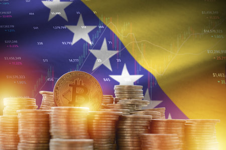 Bosnia and Herzegovina flag and big amount of golden bitcoin coins and trading platform chart. Crypto currency conceptの写真素材