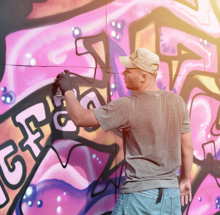 Young caucasian male graffiti artist drawing big street art painting in blue and pink tones. Stylish man in denim shorts and grey t shirt made new graffitti artwork outdoors in bright sunny dayの写真素材