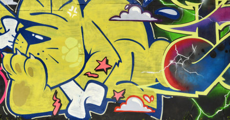 Colorful background of graffiti painting artwork with bright aerosol strips on metal wall. Old school street art piece made with aerosol spray paint cans. Contemporary youth culture backdropの写真素材