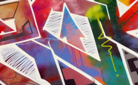 Colorful background of graffiti painting artwork with bright aerosol strips on metal wall. Old school street art piece made with aerosol spray paint cans. Contemporary youth culture backdropの写真素材