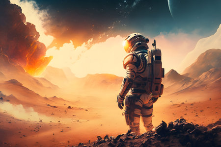 Futuristic scene with astronauts in space exploring a planet. Neural network AI generated artの素材