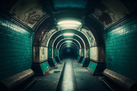 Underground subway tunnels in dirty obsolete condition. Neural network AI generated artの素材