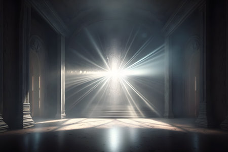 Hall with rays of light for meditation. spiritual temple. Neural network AI generated artの素材
