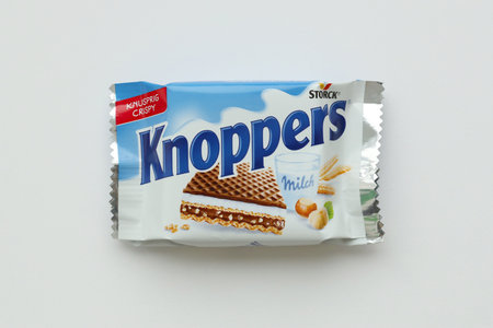KYIV, UKRAINE - MAY 4, 2022 Packshot of Knoppers crispy waffle sandwiches product manufactured by Storck.のeditorial素材