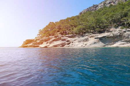 Travel in Turkey Aegean sea and rocks island landscape nature destinations beautiful scenic view resort summer season. Big rocked shores over the deep blue sea water. Luxury places for chilloutの写真素材