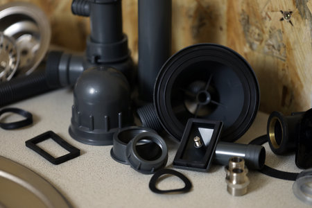 Plumbers tools and water tap ready for installation near sink on countertop in kitchen. Connections for the installation of the water faucet for the kitchen sinkの写真素材