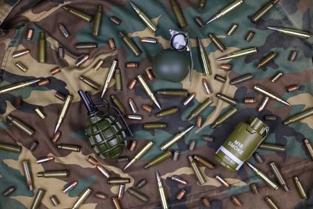 Different types of ammunition and grenades on a camouflage background. Preparing for war. Possession of weaponsの写真素材