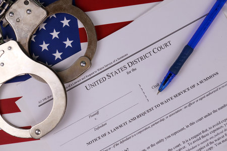 District court Notice of the lawsuit and request to waive service of a summons. Papers with handcuffs and blue pen on United States flag close upの写真素材