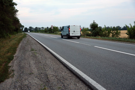 Empty asphalt road and floral field of different grass and flowers in evening time. Suburban...