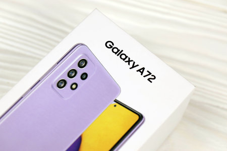 KYIV, UKRAINE - MAY 4, 2023: Samsung Galaxy A72 Android smartphone with big display panel and type-c...