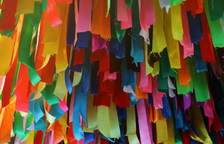 Colorful ribbons are fluttering in the wind. Abstract multicolored backdropの写真素材