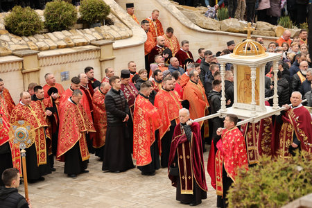 TERNOPIL, UKRAINE - APRIL 2, 2023 Many people during mission in complex of Ukrainian Jerusalem in...