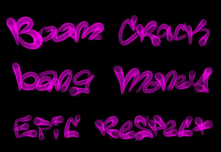 Collection of graffiti street art tags with words and symbols in pink color on black background