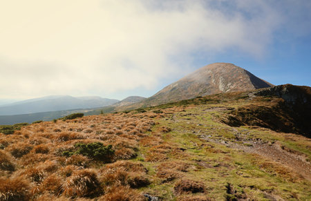 Landscape with Mount Hoverla hanging peak of the Ukrainian Carpathians against the background of the...