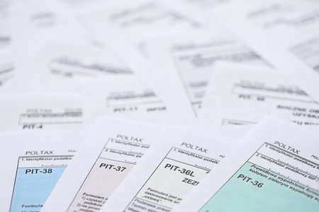 Very big amount of polish tax form blanks with PIT, CIT and VAT categories. Accounting, bureaucracy and taxpayers routine in Poland conceptの写真素材