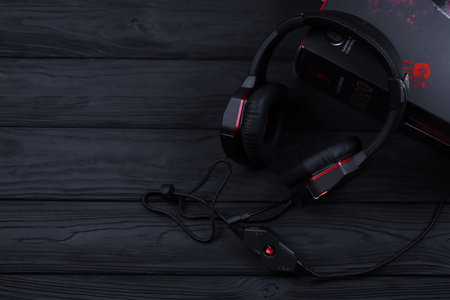 KYIV, UKRAINE - JULY 7, 2023 A4Tech Bloody G501 gaming headphones with microphoneのeditorial素材