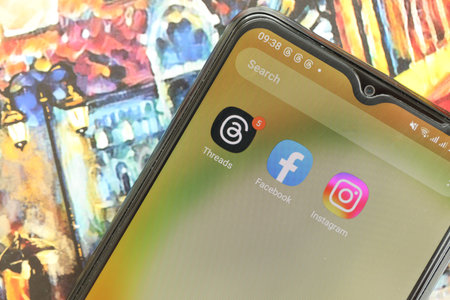 KYIV, UKRAINE - JULY 7, 2023 Threads by Meta application on display of Samsung smartphone on tableのeditorial素材